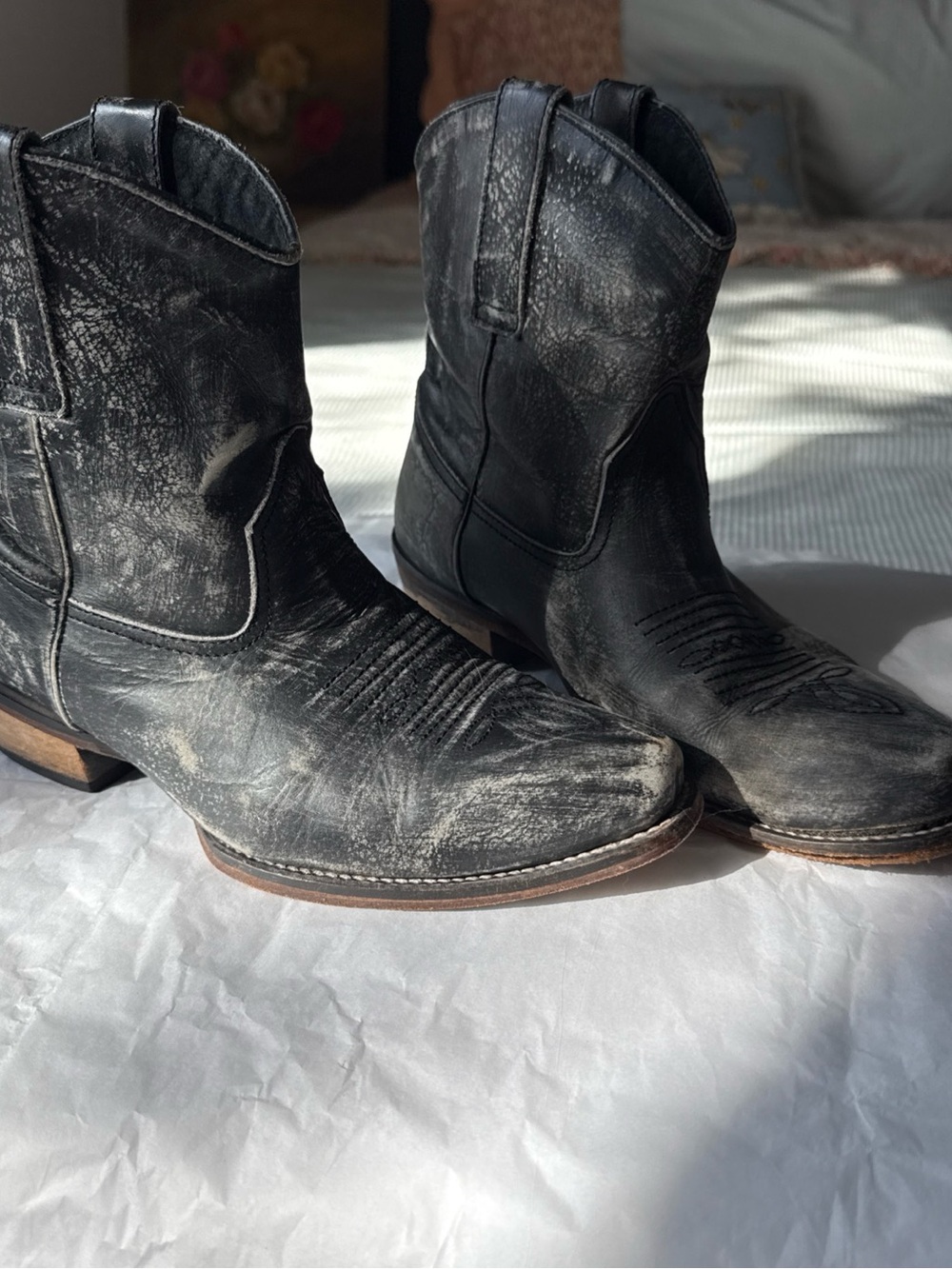 Roper Cowgirl Ankle Boots Dusty Western Distressed Black Leather - Size 7